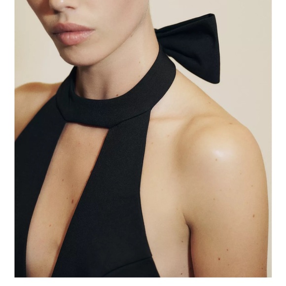 Zara NWT open bow back choker collar feel v neck black luxe thick mini dress - Picture 6 of 11